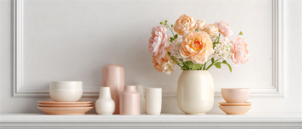 白色壁架上的粉色系陶瓷餐具与花束装饰