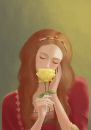 一个女人手拿一枝花闻花香