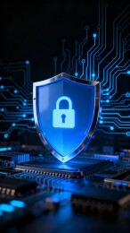 蓝色电路板上的安全锁图标