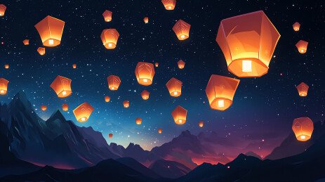 星空的孔明灯和远山三维场景