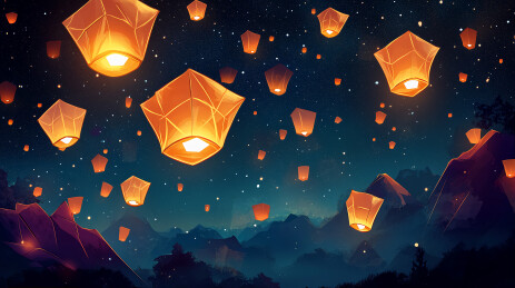 星空的孔明灯和远山三维场景