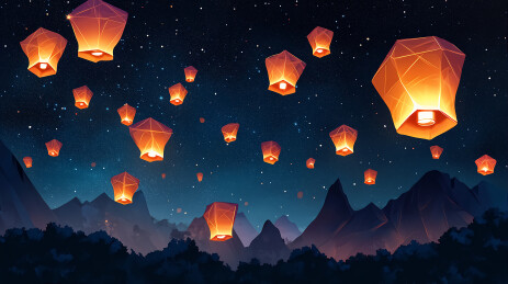 星空的孔明灯和远山三维场景