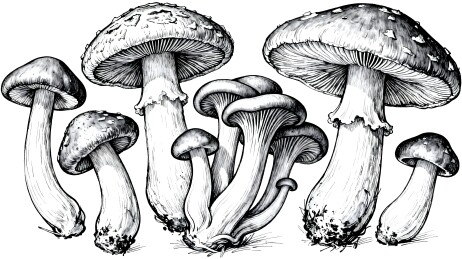 黑白手绘蘑菇群细节图