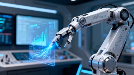 未来科技机械臂触碰虚拟屏幕