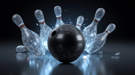 黑色保龄球撞击破碎水晶球瓶瞬间图
