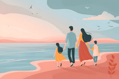 家庭海边漫步温馨画面