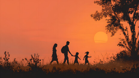 夕阳下牵手漫步的家庭剪影