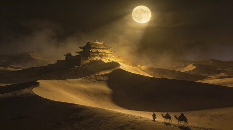 大漠月夜古城驼队敦煌风情沙漠夜景