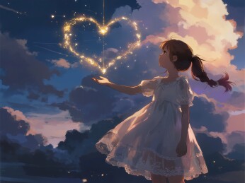 女孩仰望星空中的心形光晕
