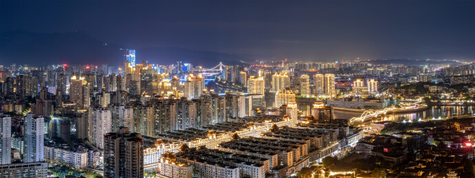 航拍福州闽江北岸中洲岛城市夜景