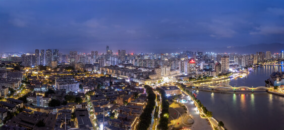 航拍福州闽江北岸中洲岛城市夜景