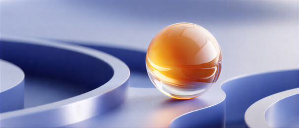 蓝色曲线平台上的橙色玻璃球