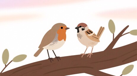 两只小鸟栖息树枝插画