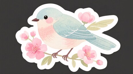 卡通小鸟花枝插画