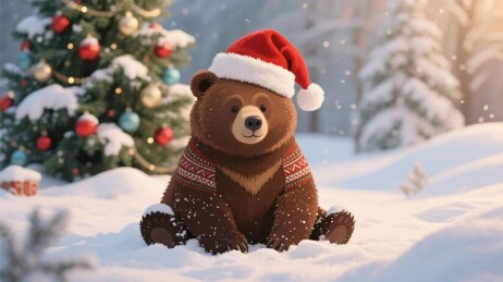 雪地中戴圣诞帽的小熊