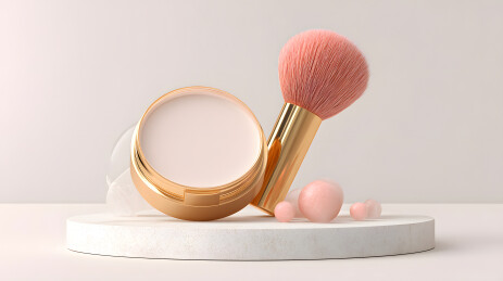 美容粉饼与化妆刷组合展示