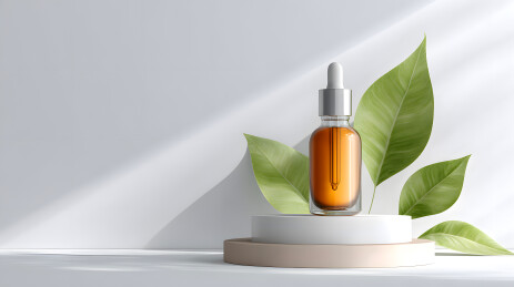 琥珀滴管瓶与绿叶白色底座