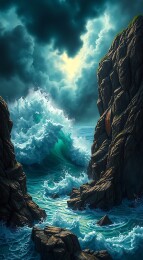 海浪怒涌峭壁间