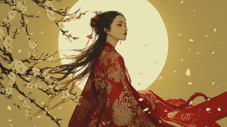 圆月古代美女枝头花开插画 