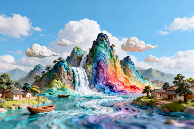 立体五彩山水瀑布河流风光