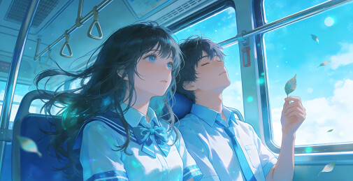 电车上的情侣日系二次元动漫插画背景壁纸