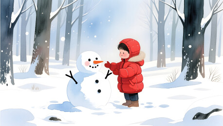 红衣儿童在冬日森林里与雪人温暖互动
