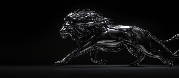 黑色背景下奔跑的抽象金属流体狮子雕塑
