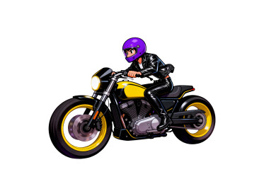 紫色头盔骑手驾驶黄色摩托车