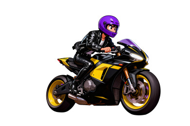 紫色头盔骑手驾驶黄黑摩托车