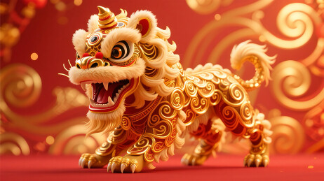 红色背景上的金色舞狮子场景