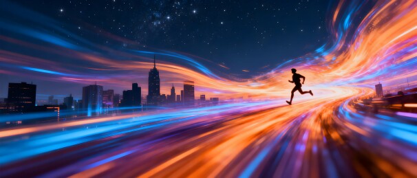 夜跑者穿梭城市光影隧道