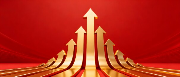 金色箭头红色背景象征上升
