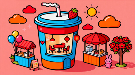 巨型饮料杯与卡通摊位场景