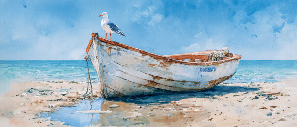 海边沙滩上搁浅的旧木船与海鸥