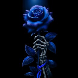 骷髅手捧深蓝玫瑰缠蓝丝织暗黑境