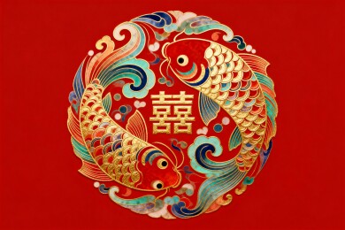 囍字锦鲤纹圆形刺绣中式婚庆图案国潮插画