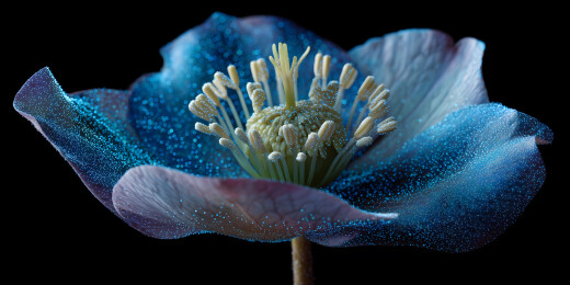 蓝色微光粒子构成的铁筷子花特写