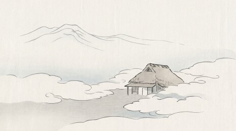 云中茅屋山景水墨画