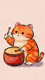 敲鼓的可爱橘猫插画