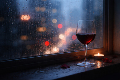 雨天夜晚红酒酒杯
