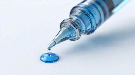 白色背景下滴着蓝色液体的滴管特写