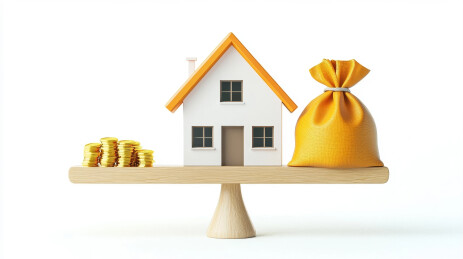 跷跷板上平衡的房屋模型与金钱