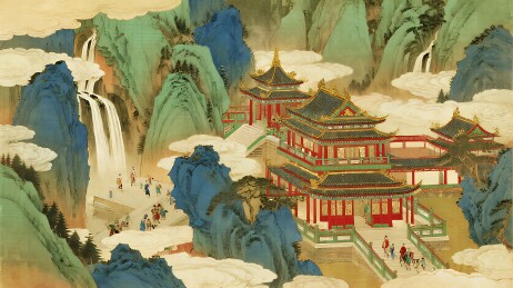 瀑布环绕的云雾山间古建筑群