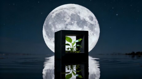 满月星空与植物倒影