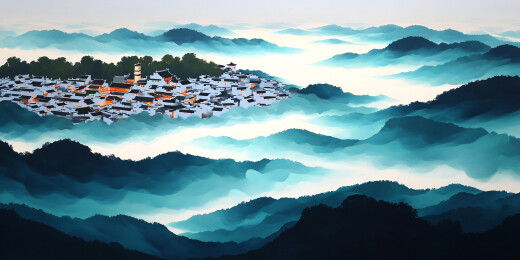 水墨山间青瓦白墙山水人家