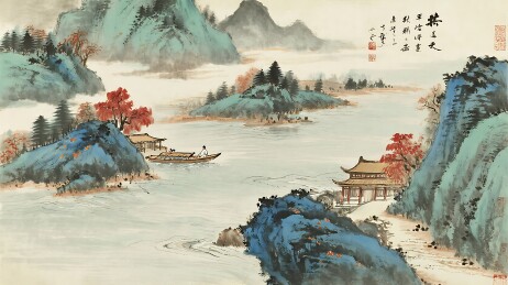 山河晨雾舟影画卷