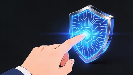 手指触碰蓝色科技盾牌