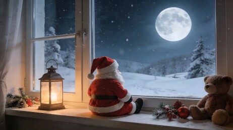 圣诞夜窗边玩偶望雪月