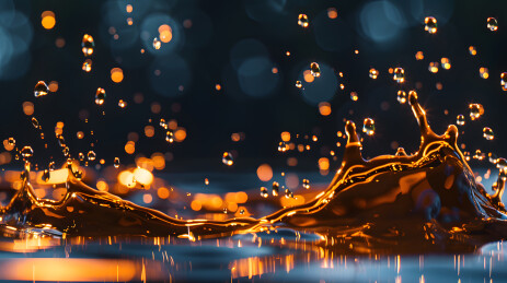 暖光光斑下金色液体飞溅