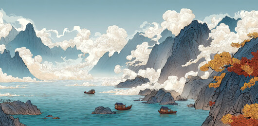 山水画卷中的秋日湖景